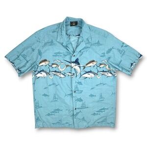 Royal Creations Hawaiian Shirt Men's XL Marlin Fishing Button Up Cotton Blue AOP